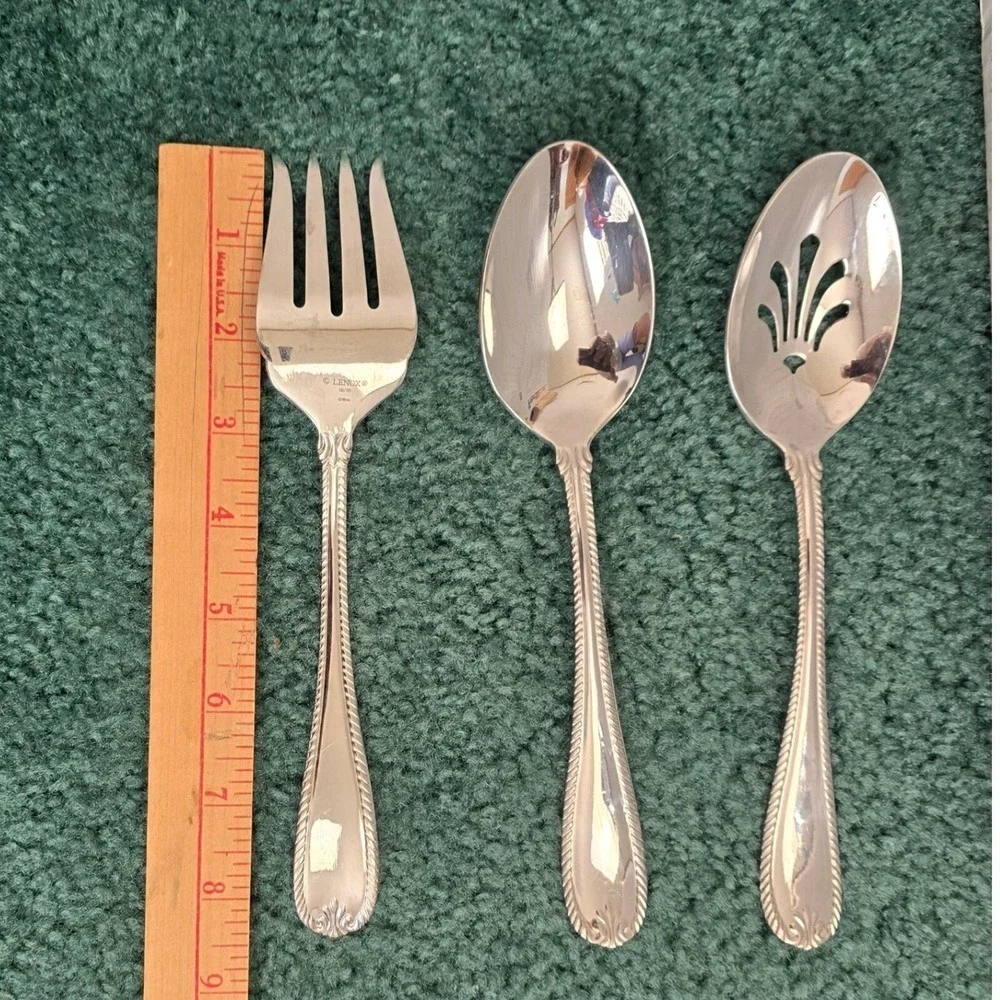 Lenox Tudor Bead Serving 3pc‎ set Fork Spoon Pierced Spoon 18/10 Stainless Steel